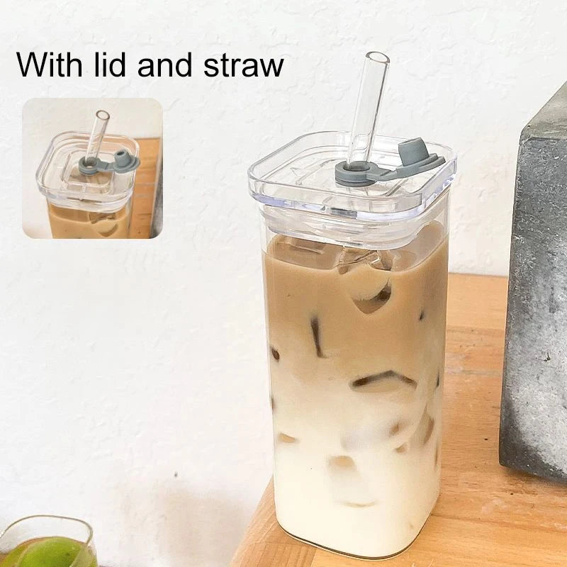 Square Heat-Resistant Glass Cups with Lid & Straw | Set of 1–6 Glass Cup Set Axl