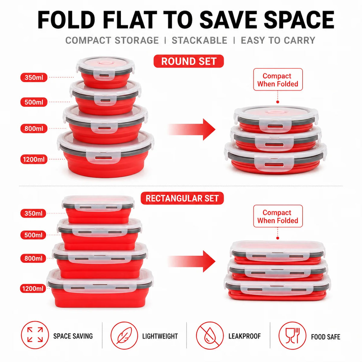 Uwhise 4-Size Collapsible Silicone Bento Lunch Box Set Silicone Food Containers Axl