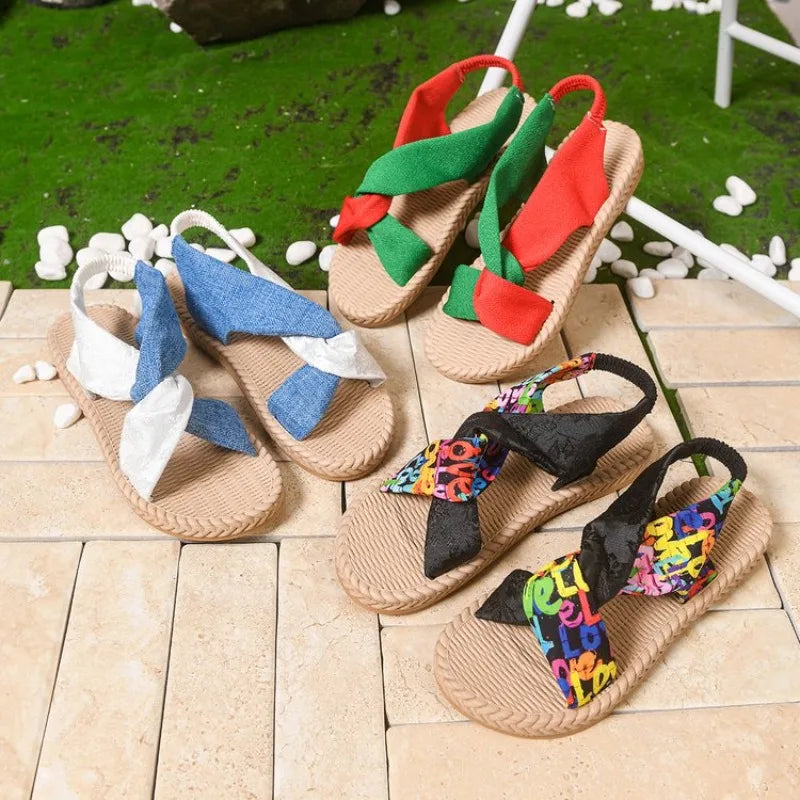 Women's Bohemian Flat Sandals – Linen Cross-Tie Beach Sandals Women's Flat Sandals Axl