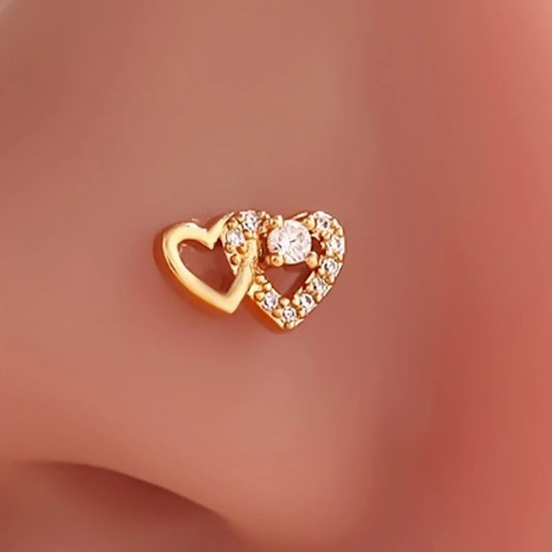 L-Shape Double Heart Zircon Nose Stud Ring – Body Jewelry Body Jewelry Axl