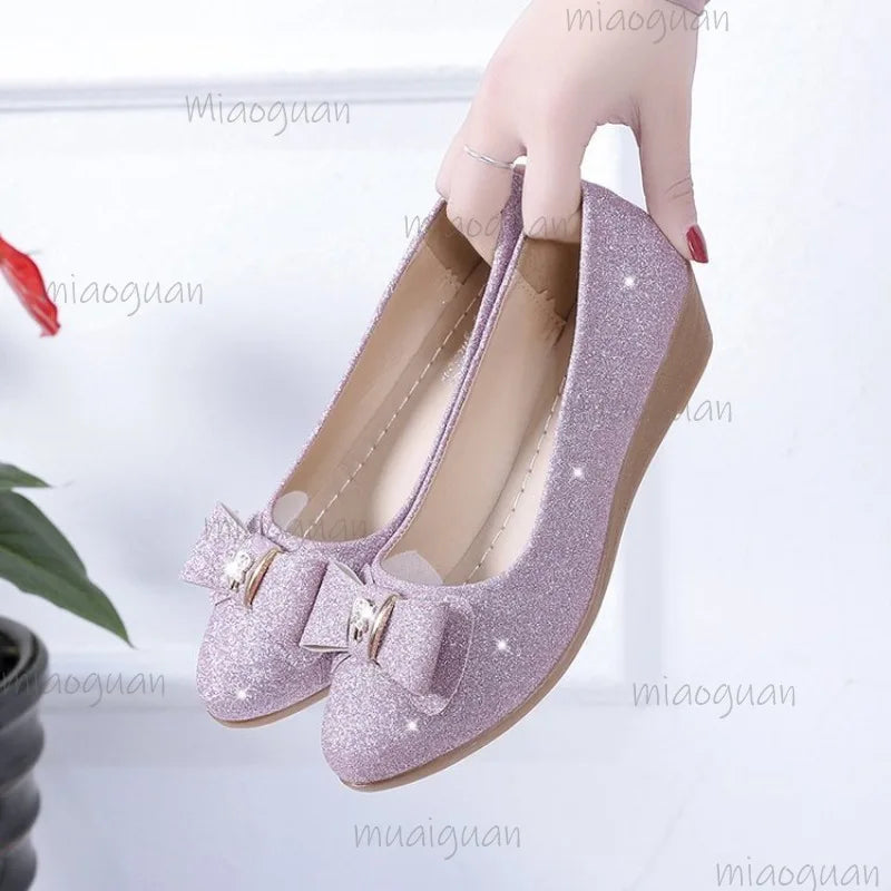 Women's Sequin Bow Wedge Pumps – Elegant Slip-On Dress Shoes Wedge Dress Pumps Axl