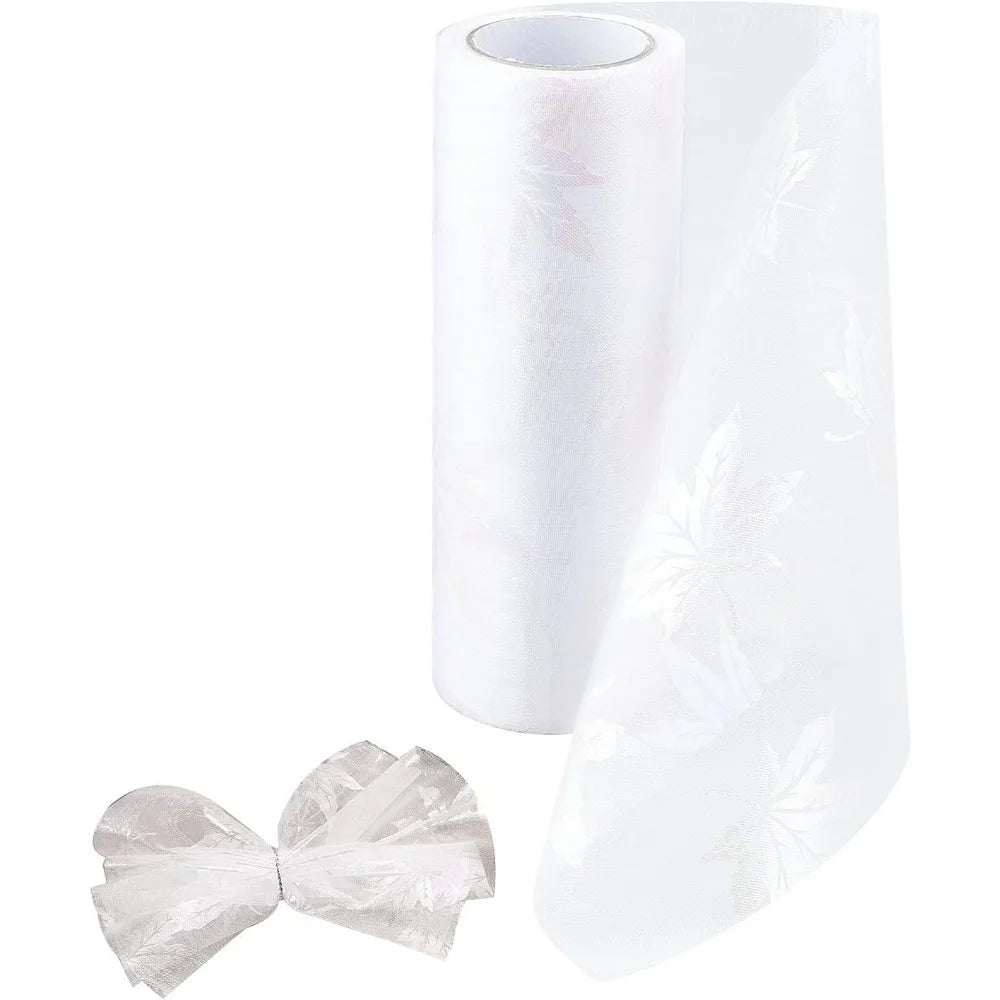 Maple Leaf Organza Tulle Ribbon Roll – 6" x 10 Yds, White Craft Tulle Ribbon Axl AECH04-18223