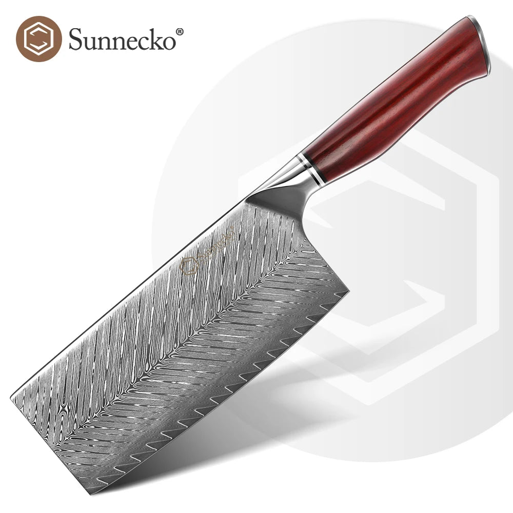 Sunnecko 7" VG10 Damascus Steel Chef's Cleaver Knife – Rose Wood Damascus Chef Knife Axl