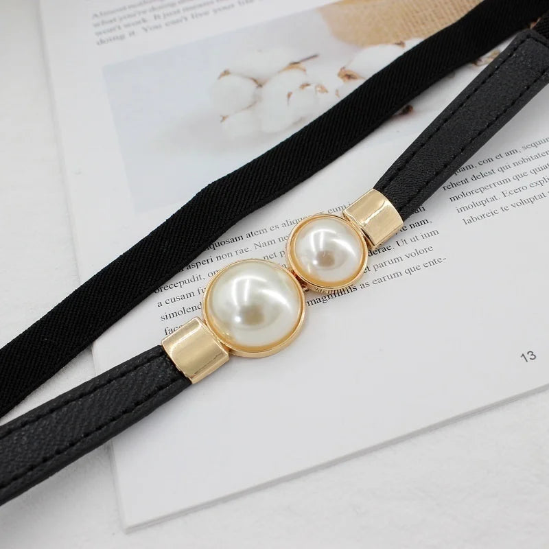 Pearl Buckle Elastic Waist Belt – PU Leather Women's Thin Belt Women's Waist Belt Axl