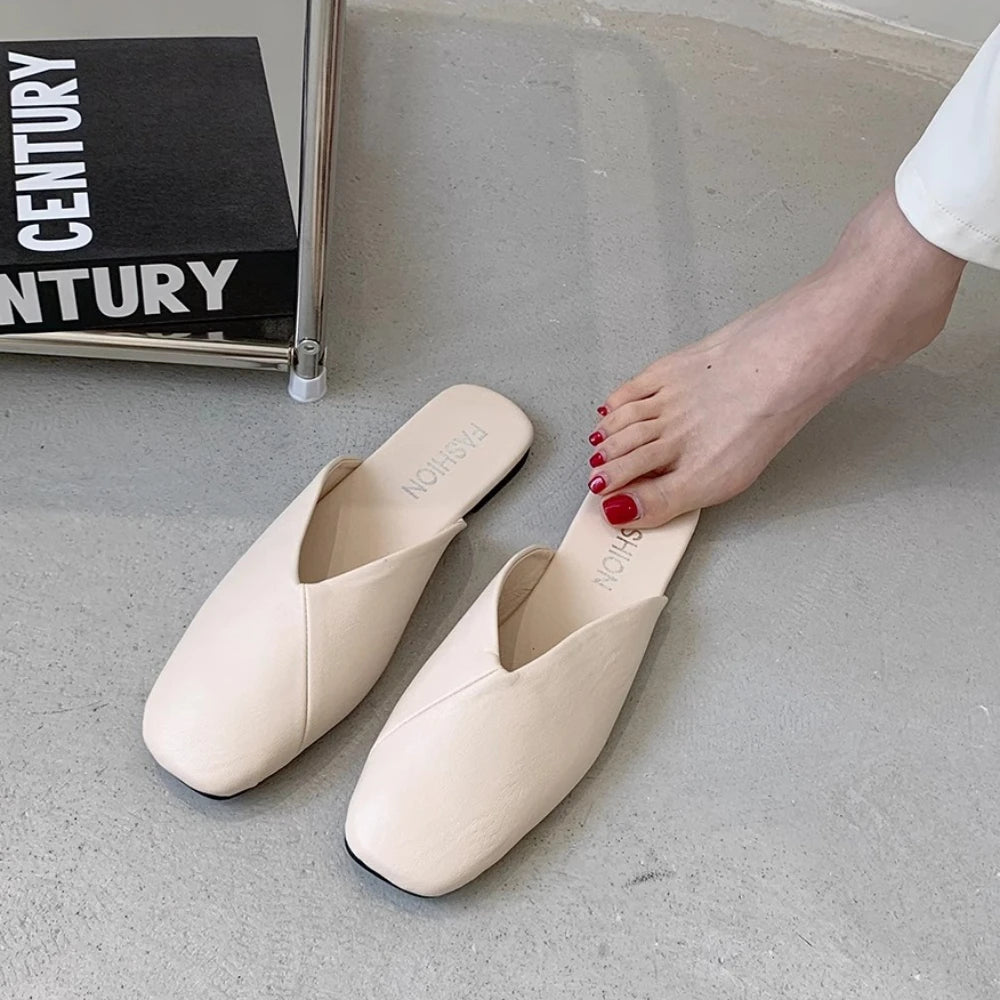 Women's Flat Mule Slippers Square Toe Slides | Sizes 34–43 Flat Mule Slippers Axl 35 Beige