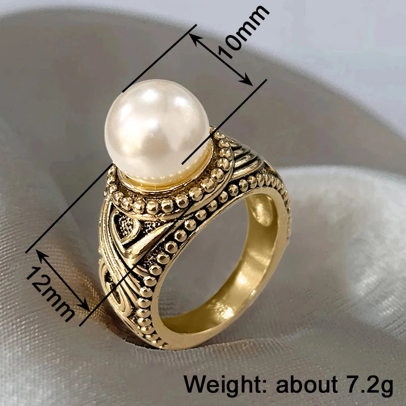Huitan Antique Gold Imitation Pearl Ring – Vintage Women's Fashion Fashion Ring Axl