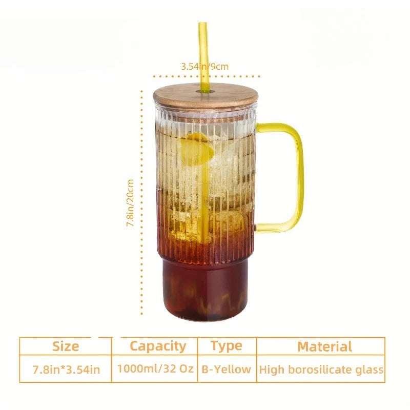 900ml Ribbed Glass Tumbler with Bamboo Lid & Straw | KEMORELA Glass Tumbler Axl Yellow 900ML