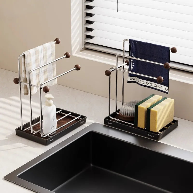 3-Tier Kitchen Rag Drain Rack – Countertop Dishcloth Organizer Kitchen Storage Rack Axl Walnut Two Pack