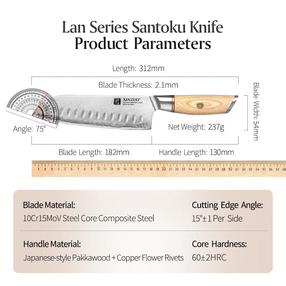 XINZUO 7" Santoku Knife | 3-Layer Steel & Pakkawood Handle Santoku Knife Axl
