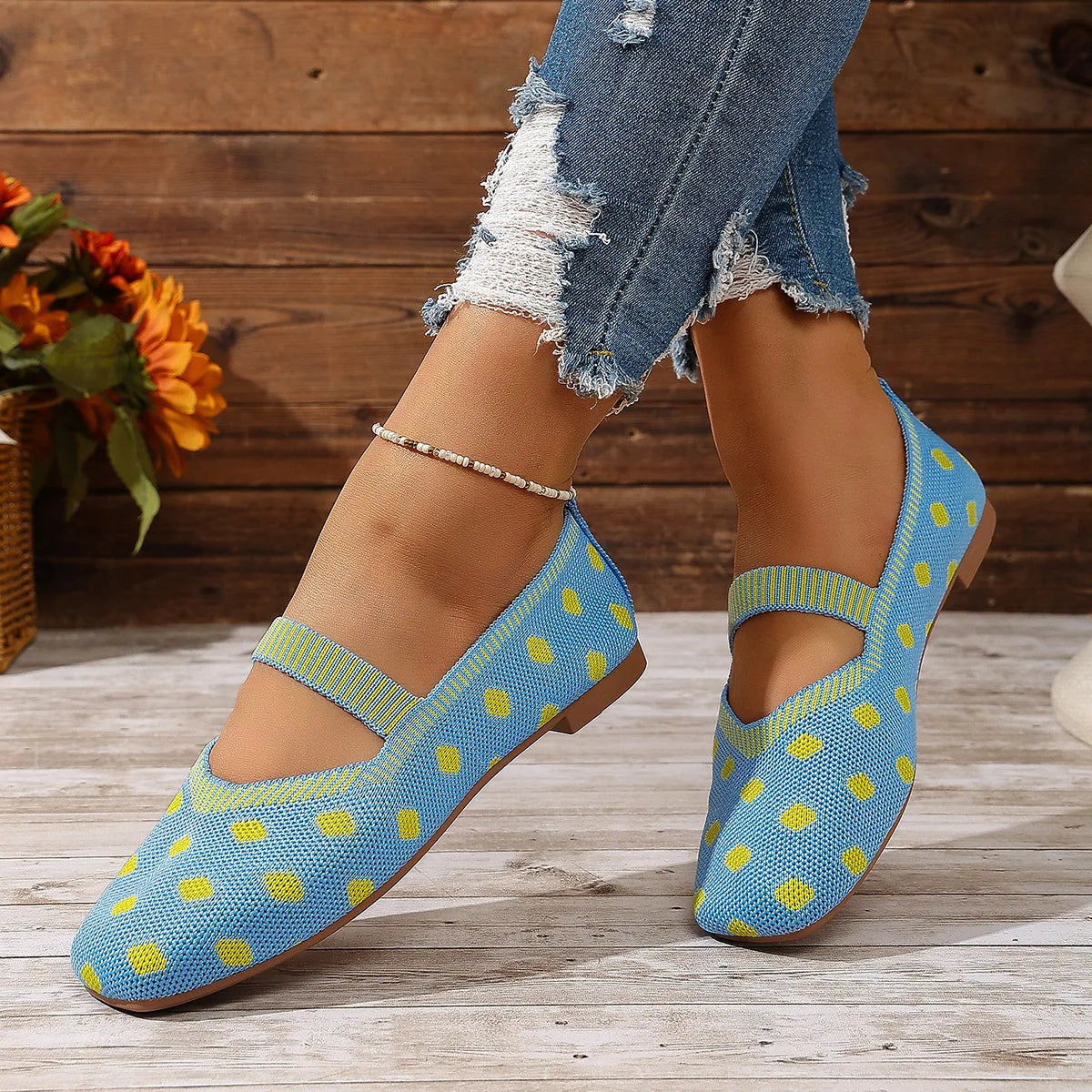 Women's Polka Dot Mary Jane Flats – Casual Woven Slip-On Mary Jane Flats Axl