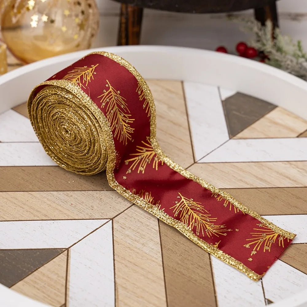 5M Gold Leaves Wired Christmas Ribbon – Tree, Bow & Gift Decor Christmas Wired Ribbon Axl