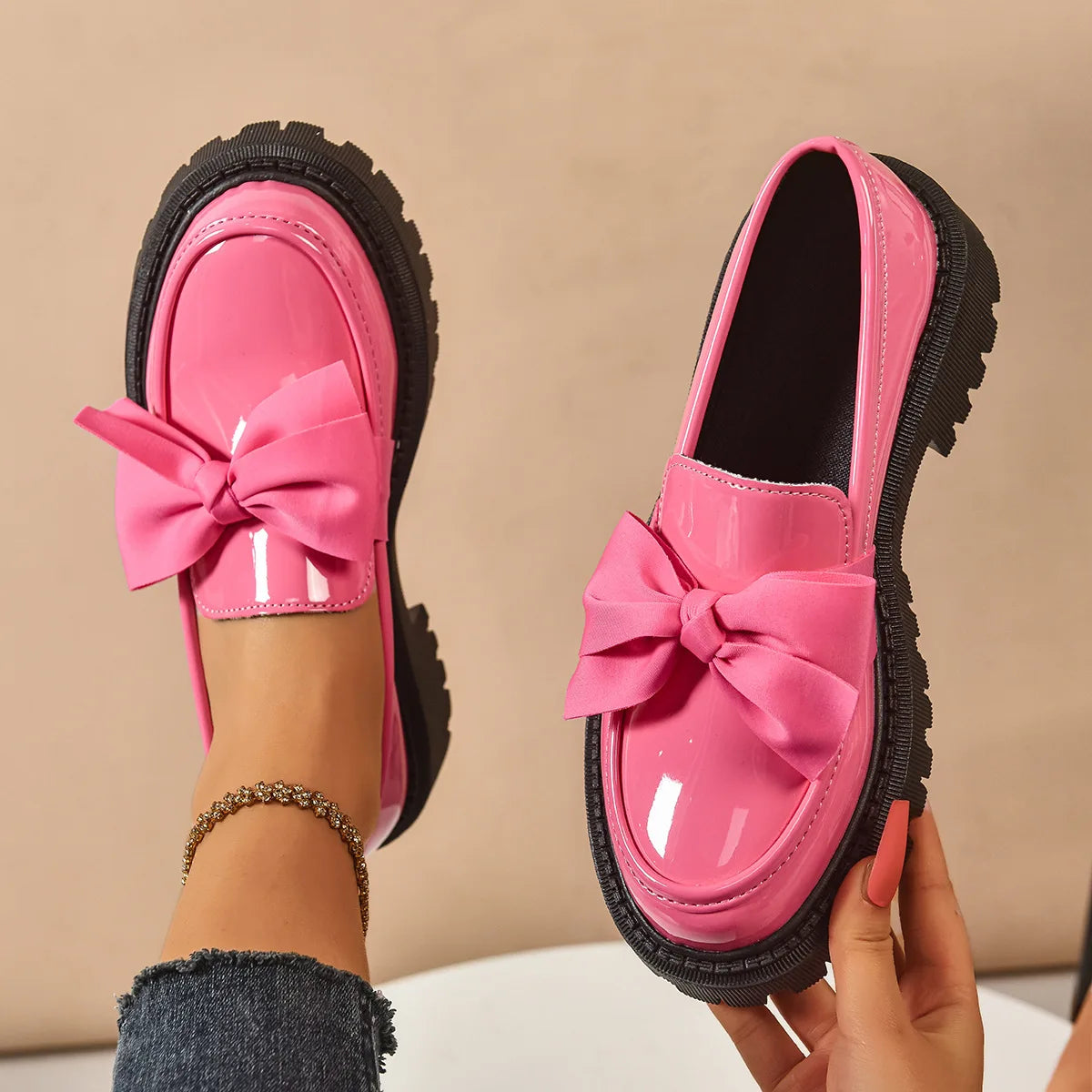 Women's Bow Loafers – Thick Heel Slip-On Work Shoes | YBQJOO Women's Loafers Axl Pink 35