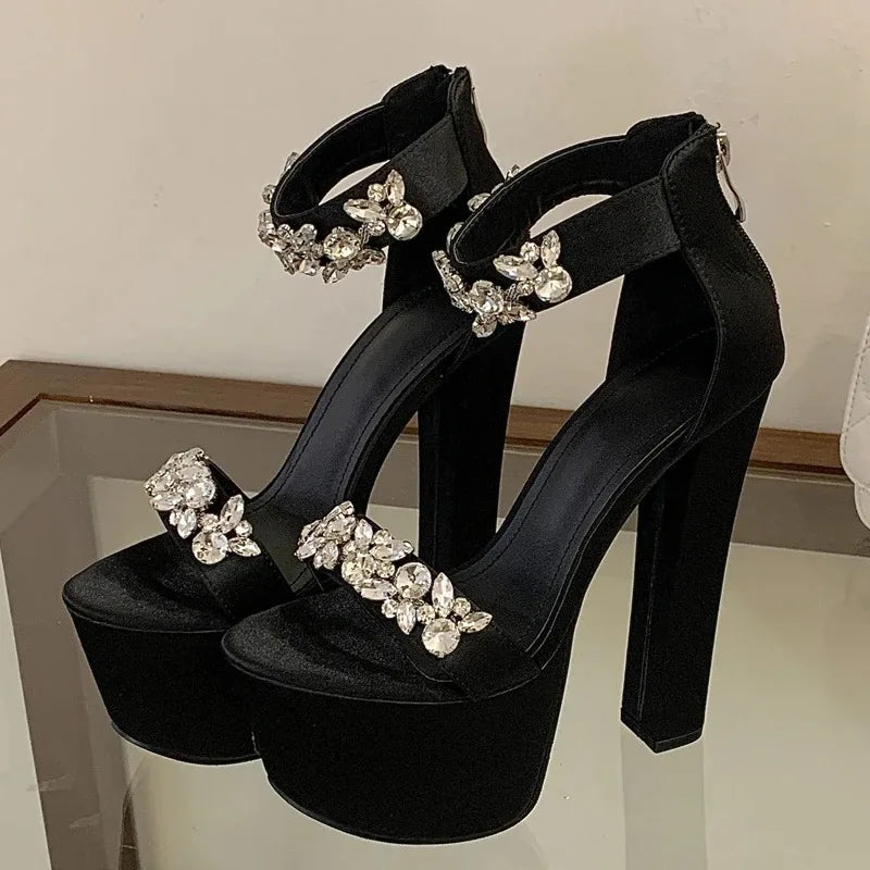 Women's Crystal Diamond Peep Toe Square Heel Platform Sandals Platform Heel Sandals Axl