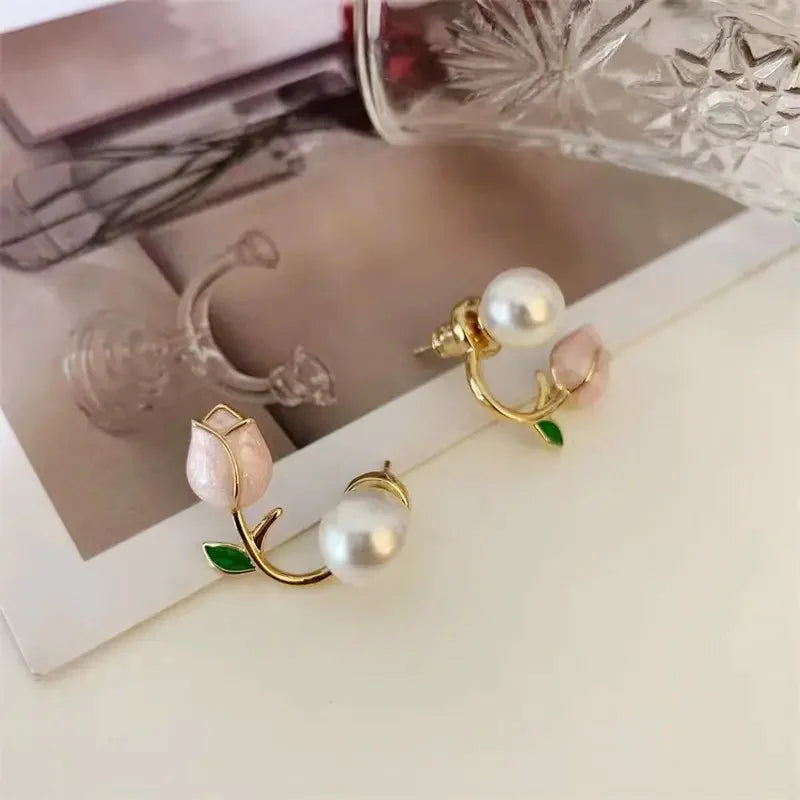Huitan Pink Rose Stud Earrings with Imitation Pearl | Women Stud Earrings Axl