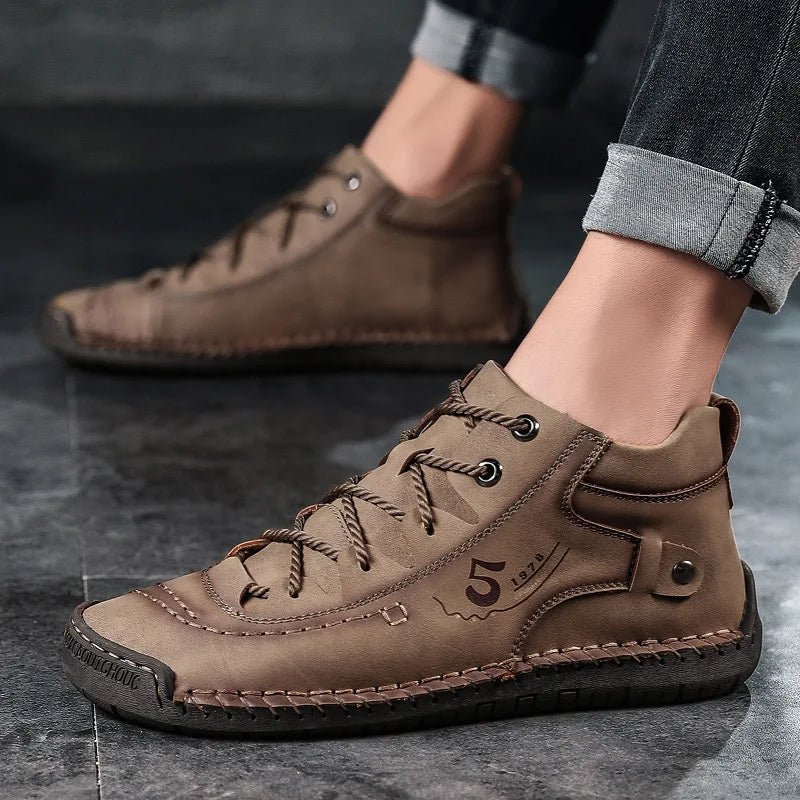 Men's British Lace-Up Ankle Boots – Waterproof PU Leather Men's Ankle Boots Axl