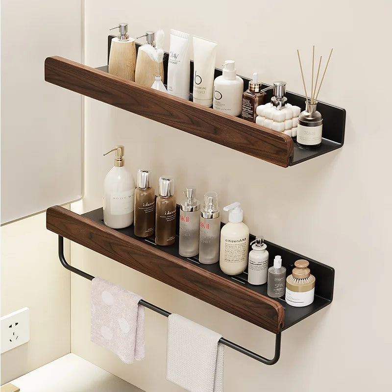 Walnut & Aluminum Wall Shelf – Bathroom Storage Rack Wall Storage Shelf Axl
