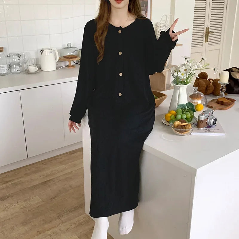 Women's Cotton Nightgown – Long Sleeve Ankle-Length Sleep Dress Women's Nightgown Axl black XL