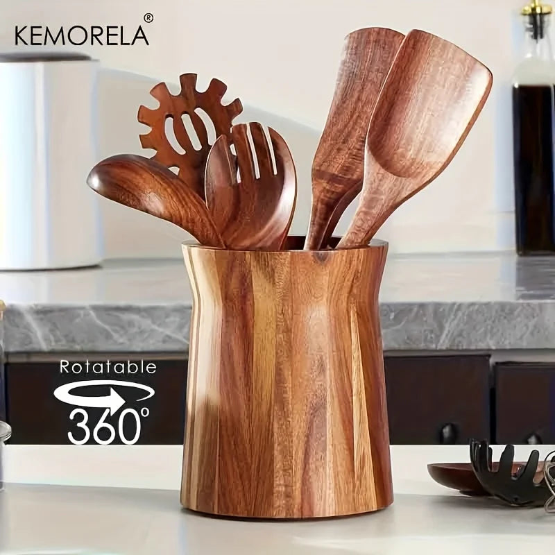 KEMORELA 360° Rotating Wooden Utensil Holder & Countertop Caddy Utensil Holder Axl