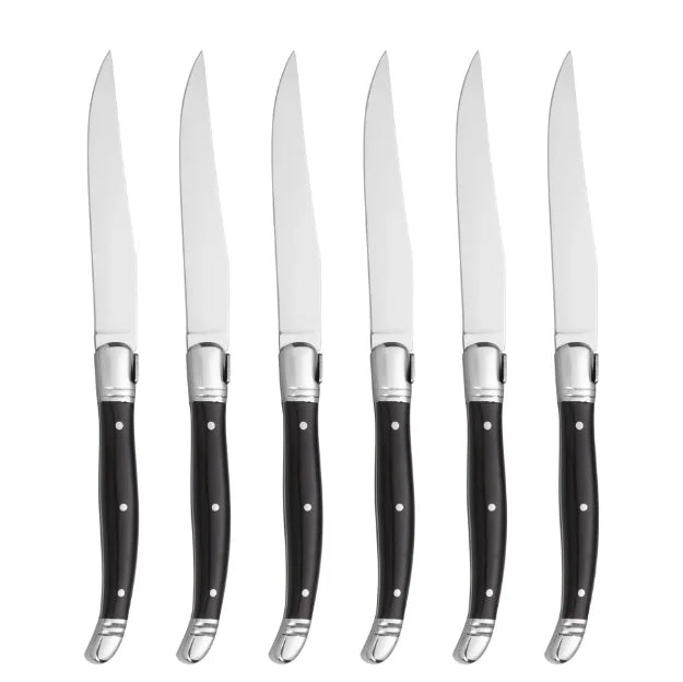 Laguiole Serrated Steak Knife & Fork Set | Black Handle Steel Steak Knife Set Axl