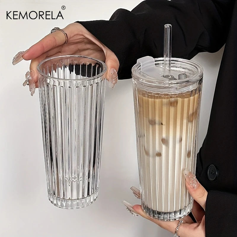 Crystal Grid Glass Tumbler with Straw & Lid | Large Capacity Glass Tumbler Axl