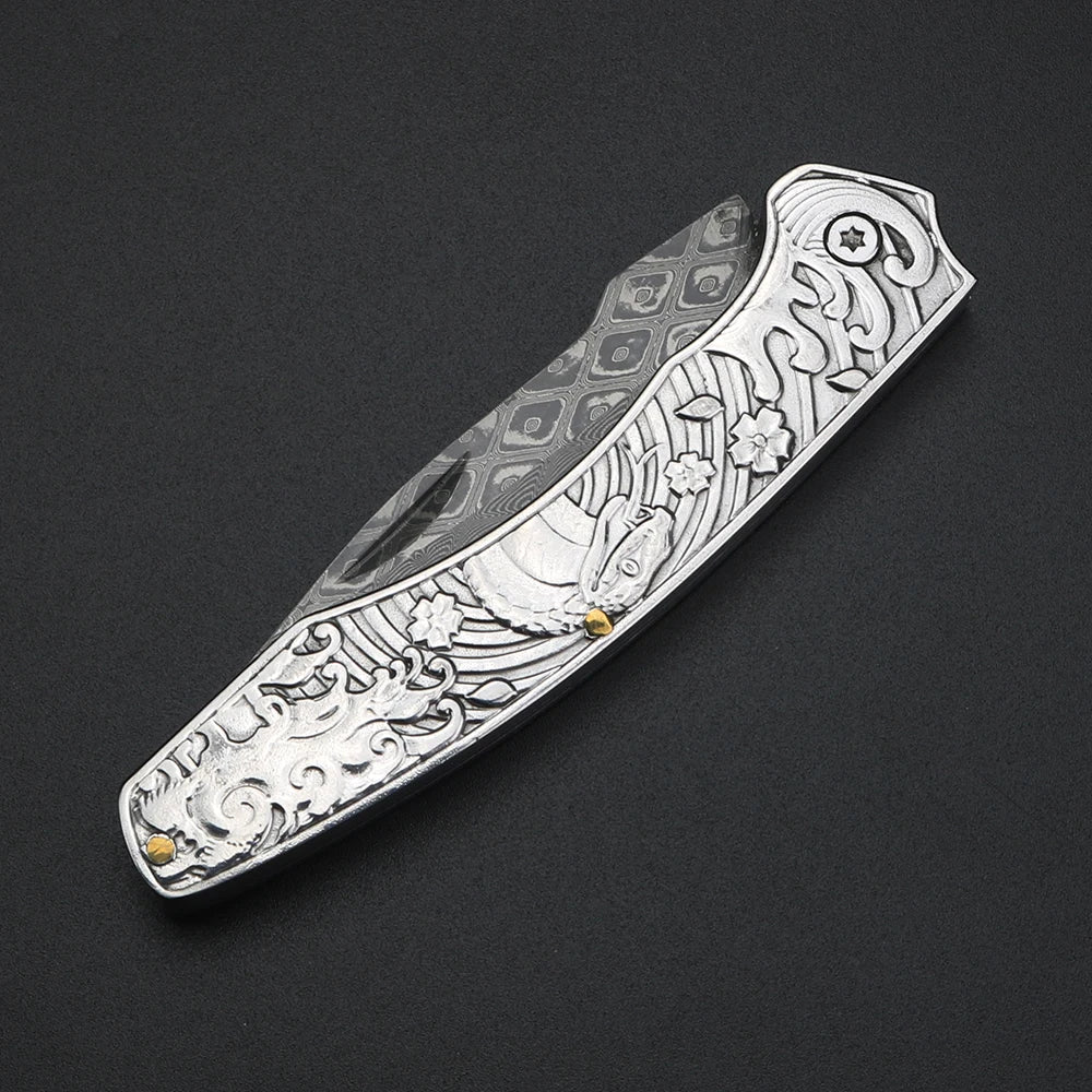 XUAN FENG Damascus Steel Folding Knife – 58-61 HRC Pocket EDC Folding Pocket Knife Axl