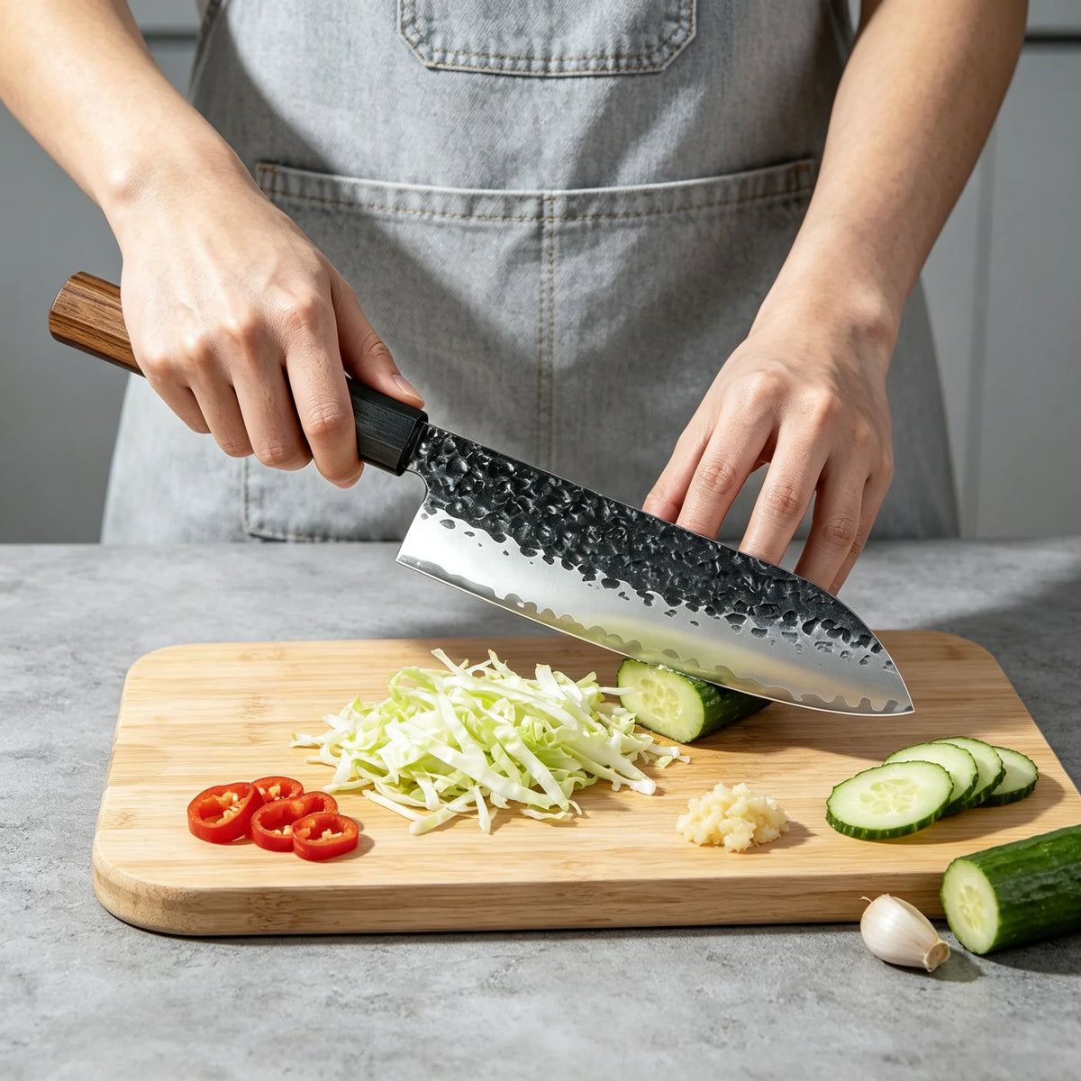 Hand Hammered Japanese Santoku Knife – Stainless Steel & Wood Santoku Chef Knife Axl