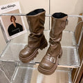 Women's Retro Brown Mid-Calf Wedge Boots | Waterproof Zipper Mid-Calf Boots Axl brown 38