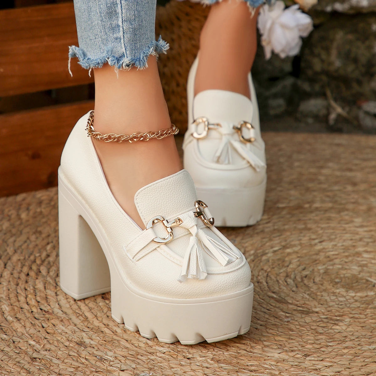Women's Chunky High Heel Pumps – Tassel & Bowknot Party Shoes Chunky Heel Pumps Axl
