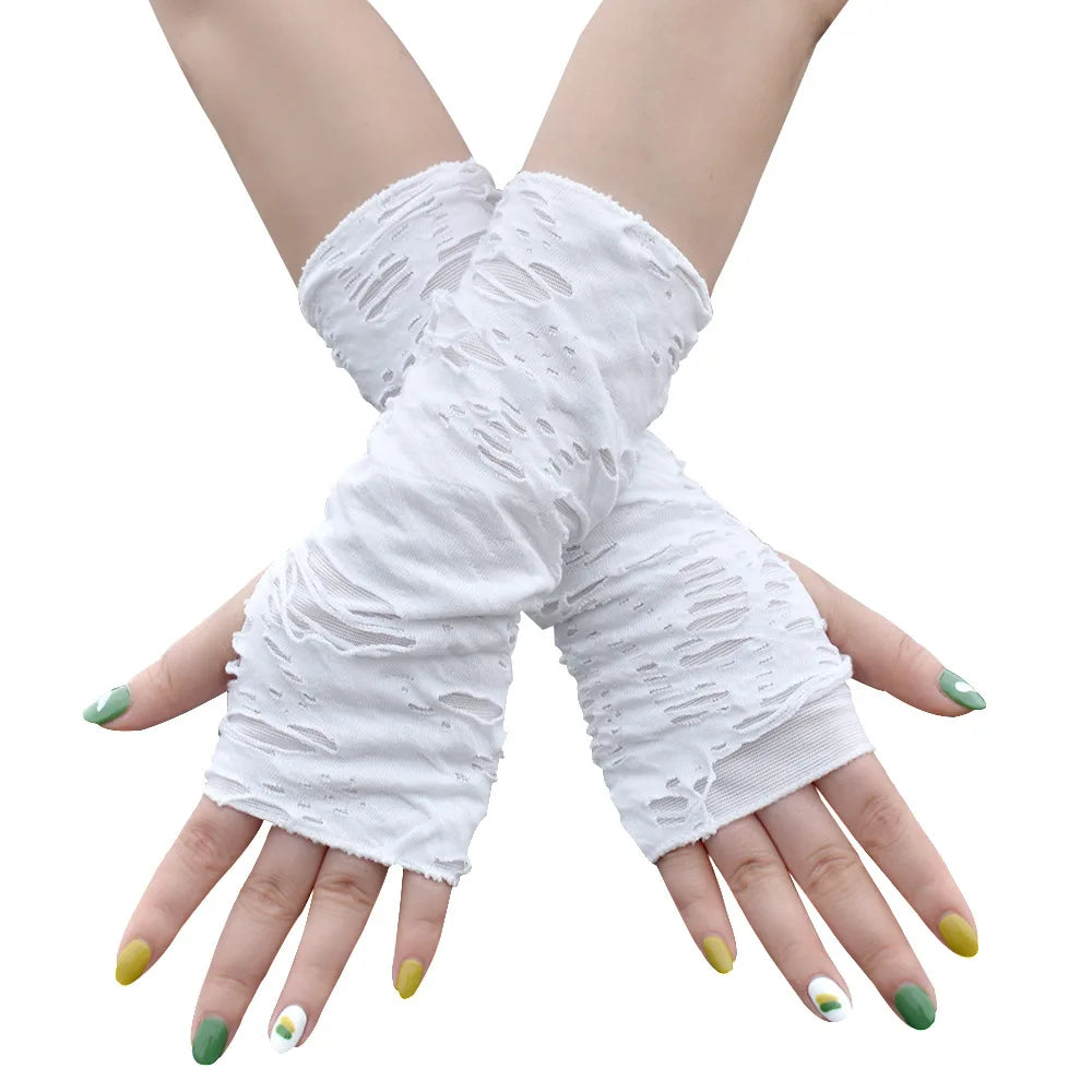 Gothic Black Fingerless Gloves – Punk Ripped Halloween Cosplay Fingerless Gloves Axl WHITE