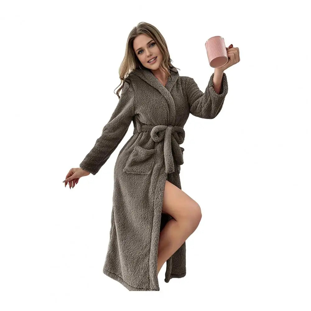 Women's Plush Hooded Fleece Bathrobe with Belt & Pockets Plush Hooded Robe Axl Grey 1XL