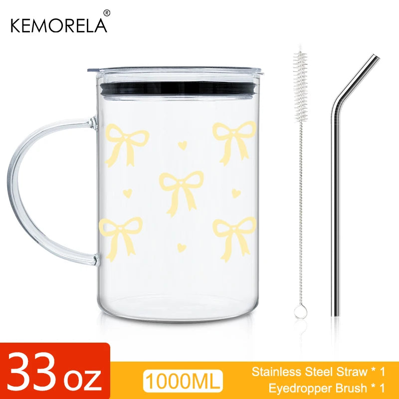 KEMORELA 1000ml Bow-Knot Glass Cup with Lid & Straw | Borosilicate Glass Tumbler Axl B 1000ML