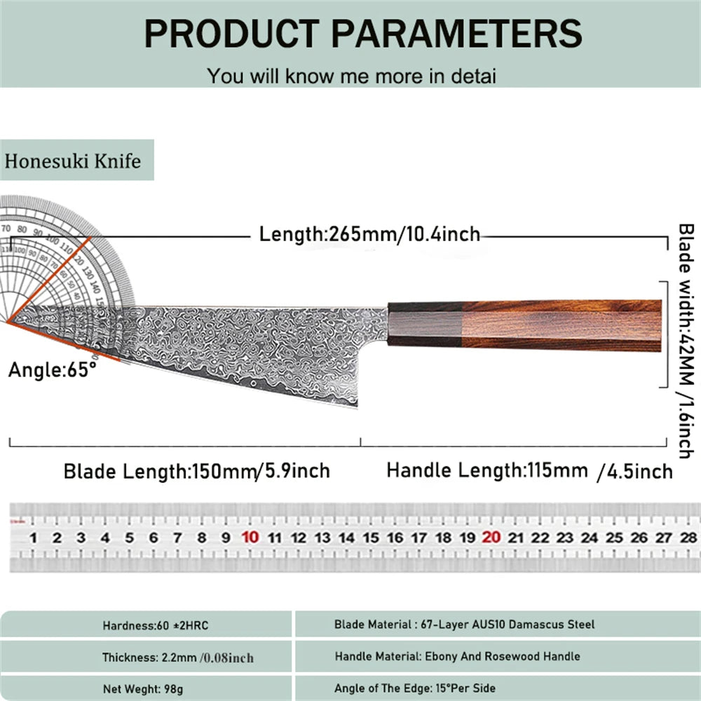 67-Layer Damascus Steel Honesuki Knife – Hand Forged Boning Damascus Kitchen Knife Axl