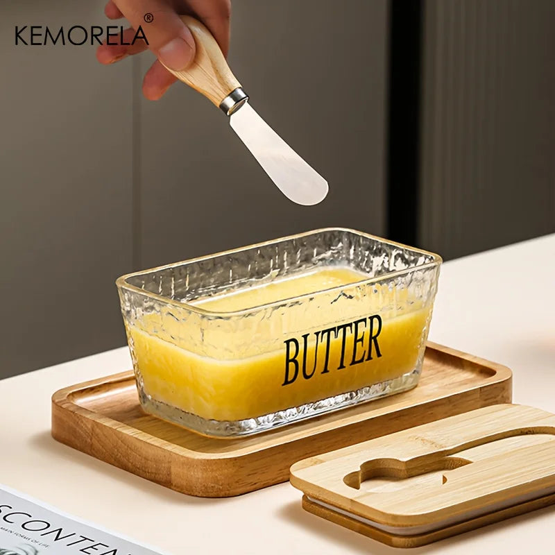 Glass Butter Dish with Bamboo Lid & Knife | Airtight Storage Butter Dish Axl