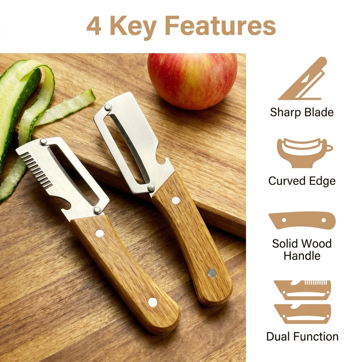 2-Piece Oak Handle Fruit & Vegetable Peeler Set | Stainless Steel Kitchen Peeler Set Axl