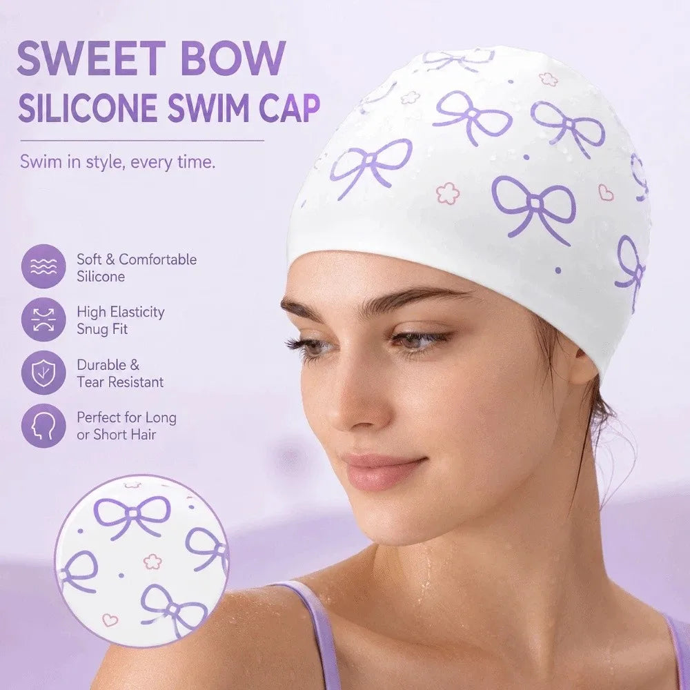Bow Print Silicone Swim Cap – Oversized Watertight Swimming Hat Silicone Swim Cap Axl