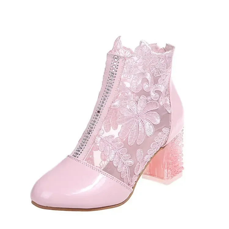 Women's Retro Embroidered Ankle Boots – Platform Block Heel Embroidered Ankle Boots Axl 36 Pink