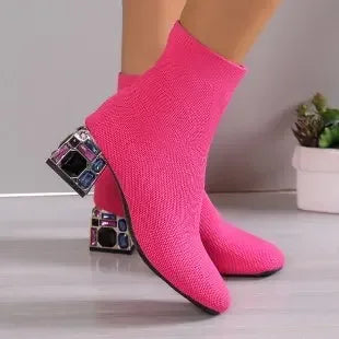 Women's Stretch Sock Ankle Boots – Square Heel & Knit Upper Sock Ankle Boots Axl Red 37