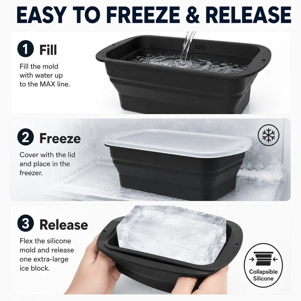 Extra Large Collapsible Silicone Ice Block Mold with Lid | 8 lb Silicone Ice Mold Axl