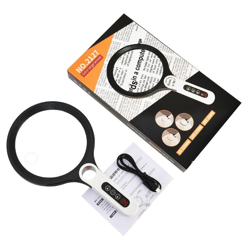 135mm LED Handheld Magnifying Glass – Tri-Color, 5–10x Zoom LED Magnifying Glass Axl