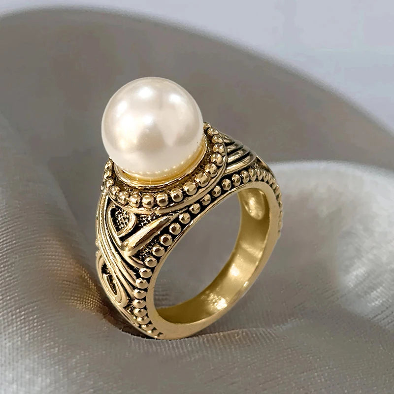 Huitan Antique Gold Imitation Pearl Ring – Vintage Women's Ring Fashion Ring Axl