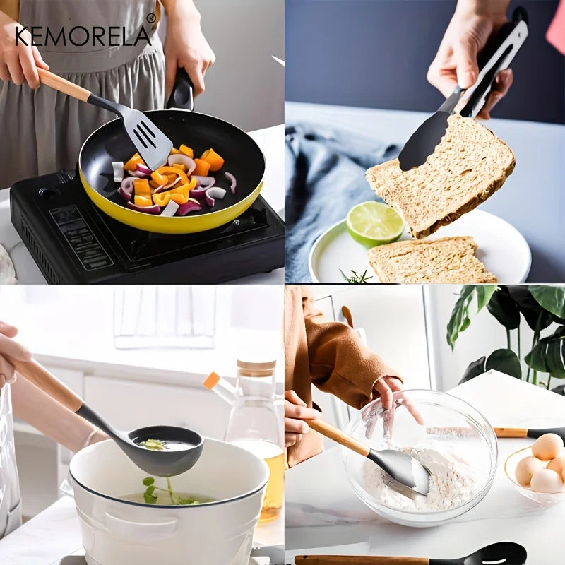 KEMORELA 30-Piece Silicone Cooking Utensil Set – Wooden Handles Silicone Utensil Set Axl