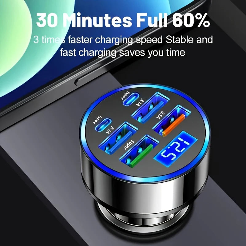 120W 6-Port USB-C Car Charger PD QC3.0 Fast Charge Adapter Car Charger Adapter Axl