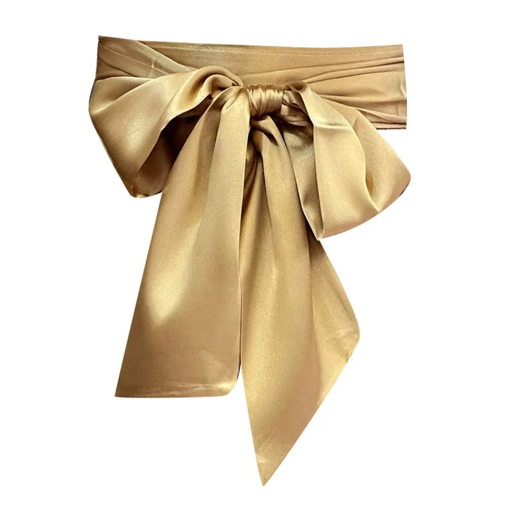 Women's Satin Bow Waist Belt – Wide Cummerbund Ribbon Strap Satin Waist Belt Axl Gold