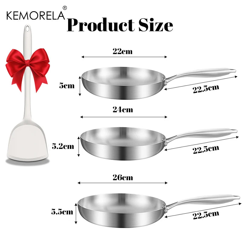 KEMORELA 3-Piece 304 Stainless Steel Non-Stick Frying Pan Set Frying Pan Set Axl 3PCS A