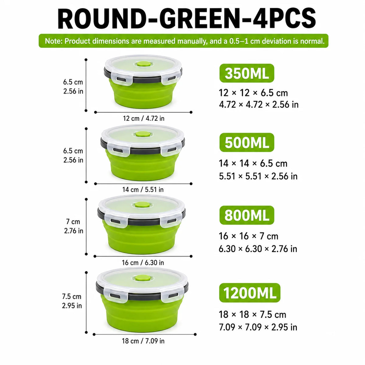 Uwhise 4-Size Collapsible Silicone Bento Lunch Box Set Silicone Food Containers Axl Round-Green-4Pcs