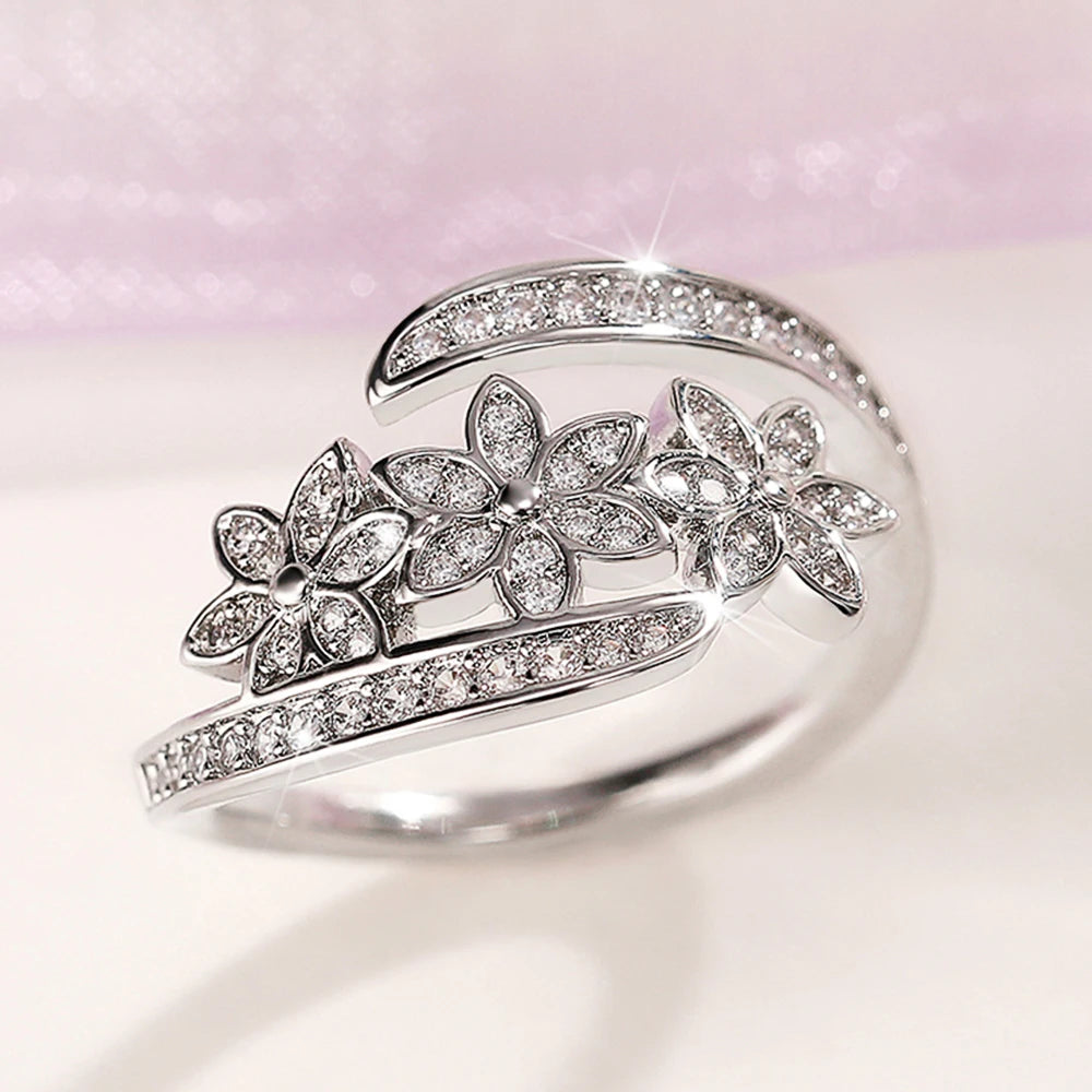 Huitan Silver Flower Adjustable Ring | Cubic Zirconia Bridal Fashion Ring Axl