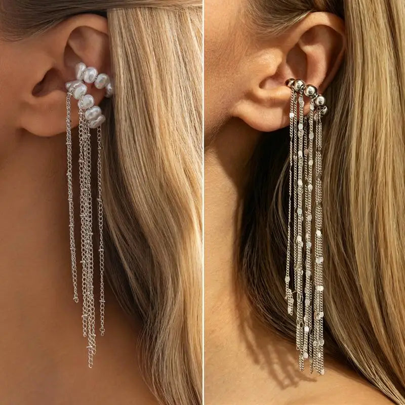 Pearl Long Tassel Ear Cuff Clip – No Piercing Women's Earrings Ear Cuff Earrings Axl