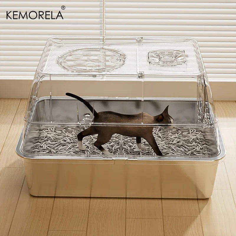 KEMORELA XL Stainless Steel Cat Litter Box – High-Sided + Scoop Cat Litter Box Axl