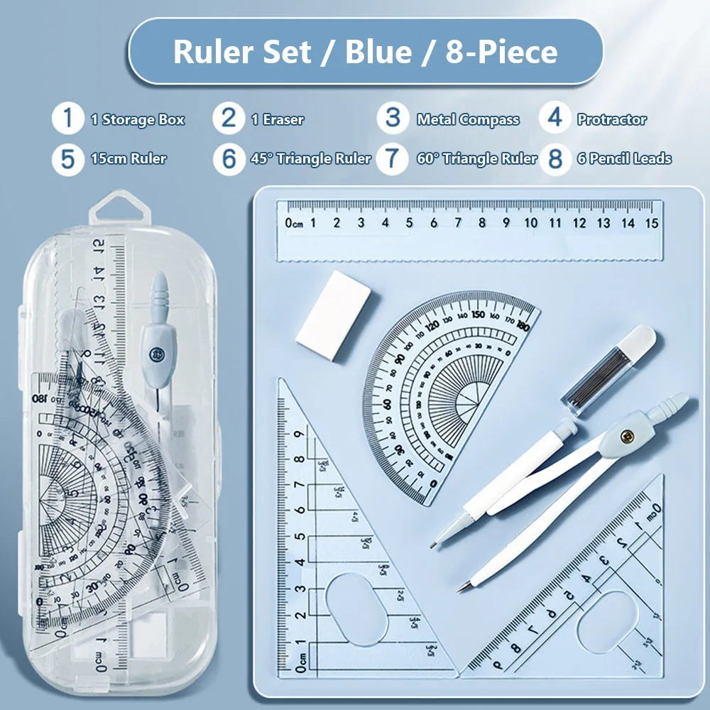8-Piece Student Geometry Set – Rulers, Compass & Protractor Geometry Drawing Set Axl Blue 8PCS B