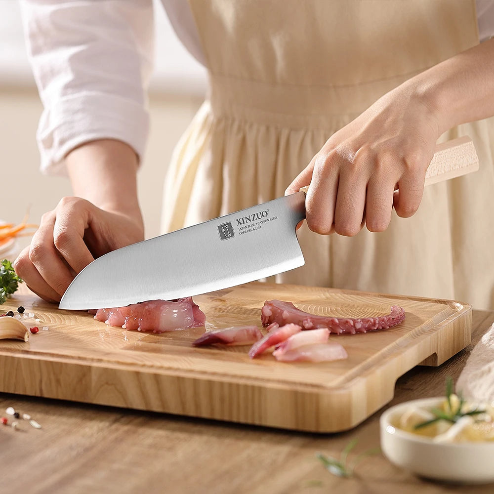 XINZUO Santoku Knife 7.24" Aogami No.2 Steel | Maple Horn Handle Japanese Santoku Knife Axl